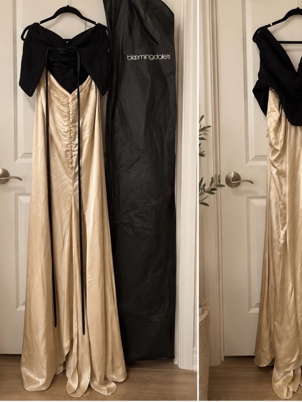 Elegant Black and Champagne Satin Evening Dress